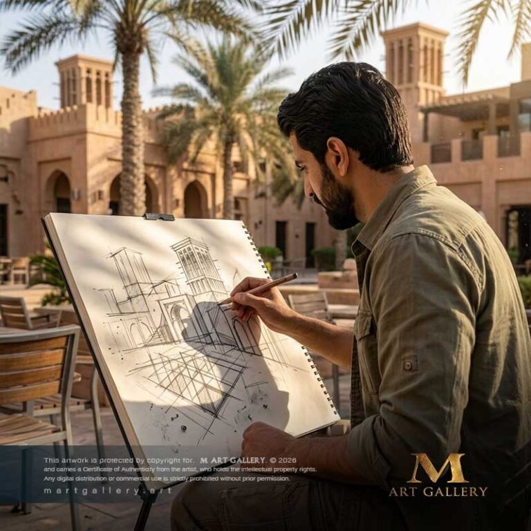The first lines of creation; the artist drafting structural sketches and initial layouts for his upcoming masterpiece under open-air sunlight.