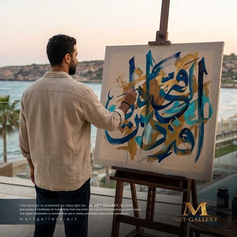 Art meeting nature; bold, rebellious brushstrokes coming to life on a modern coastal terrace during the warm golden hour