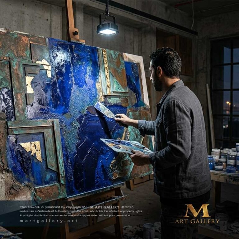A bold artistic evolution; the artist transcending literal calligraphy to fuse deep indigo, raw limestone, and oxidized bronze textures.